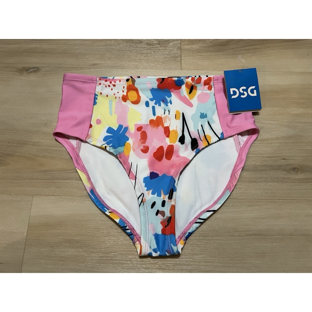 DSG‎ Girls Large Swim High Waisted Bikini Bottom Coastal Collage Pink Trim
